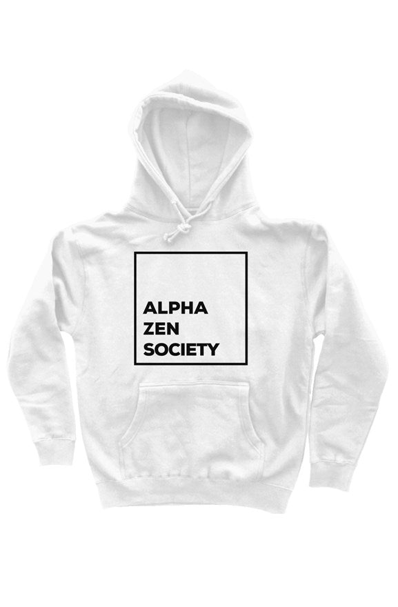 The Classic White Hoodie, block logo, Alpha Zen Society, black logo, front view