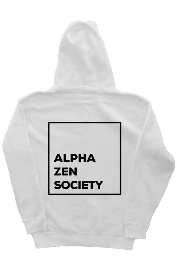 The Classic White Hoodie, white hoodie, black logo, block logo, Alpha Zen Society, rear view