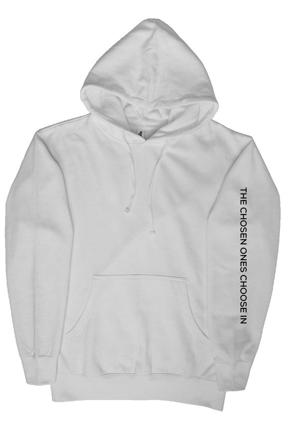 The Classic White Hoodie, side view, left arm, "The chosen ones choose in," Alpha Zen Society