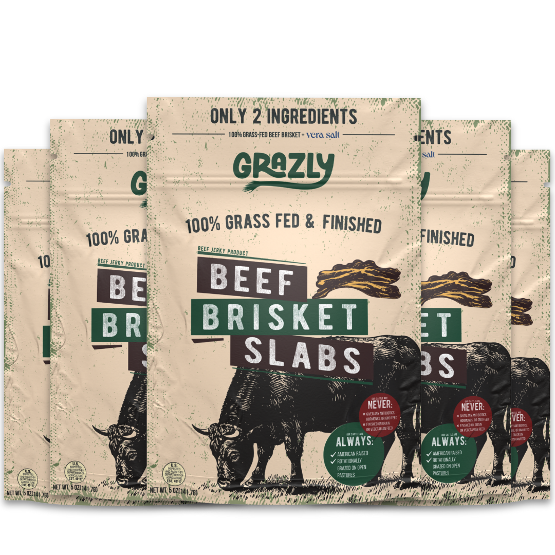 5 Packages of Grazly Beef Brisket Slabs with "100% grass fed and finished" on the label