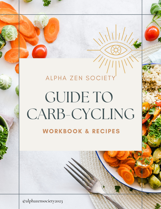 Carb Cycling eBook, front cover, Alpha Zen Society, recipe guide, workbook, nutrition tips, dietary guidance