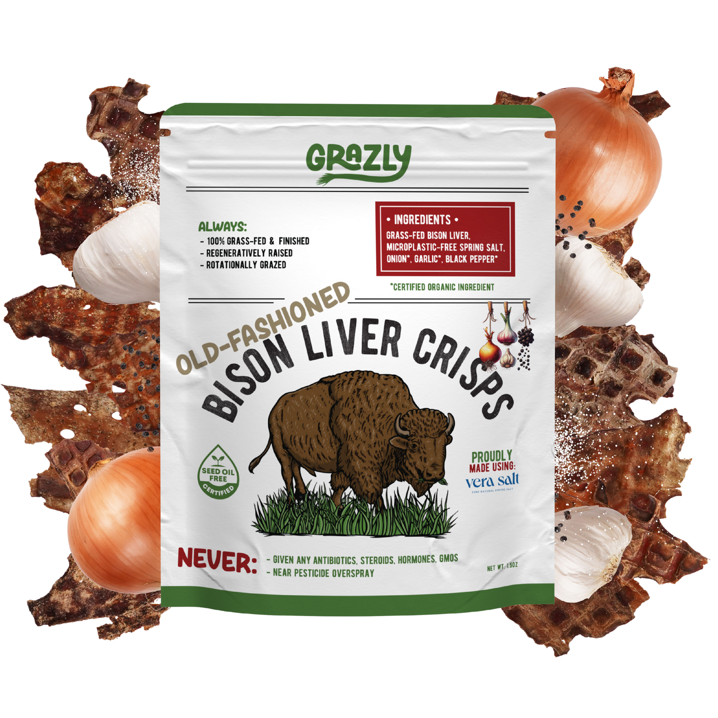 Grazly Bison Liver Crisps packaging with bison illustration and ingredients listed, surrounded by liver crisps and onions.