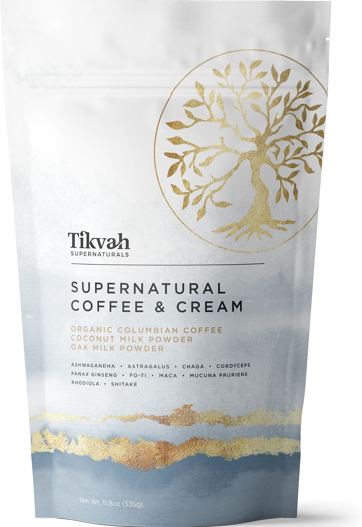 Tikvah Supernaturals Coffee & Cream package with gold tree design on a white background