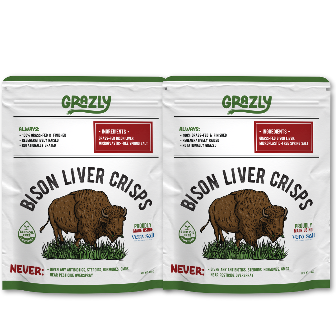 Two packages of Grazly Bison Liver Crisps on a white background