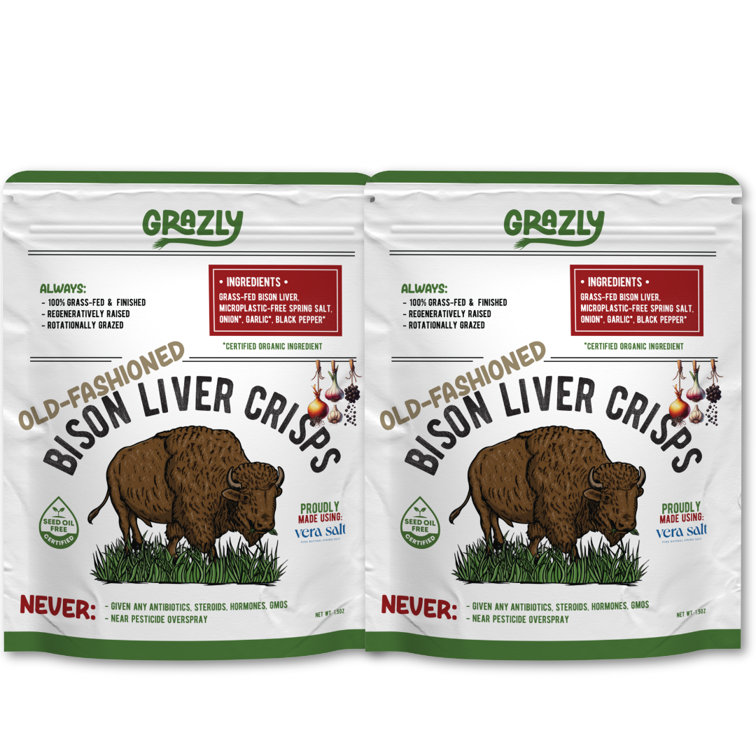 Two packages of Grazly Old-Fashioned Bison Liver Crisps on a white background