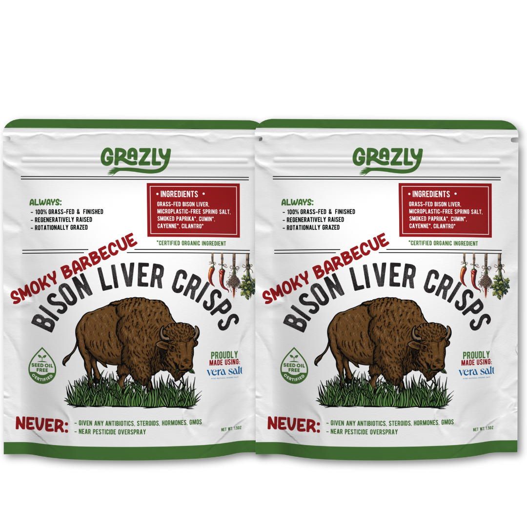 Two packages of Grazly Smoky Barbecue Bison Liver Crisps on a white background