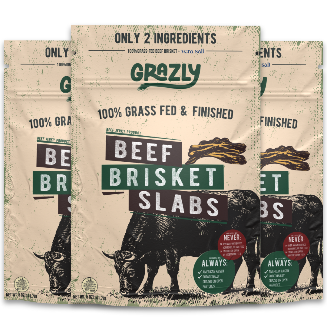 Grazly beef brisket slabs packaging with branding and product details.