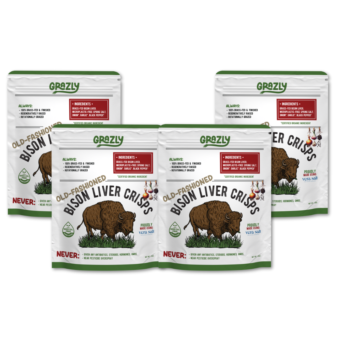 Multiple packages of Grazly Bison Liver Crisps on a white background