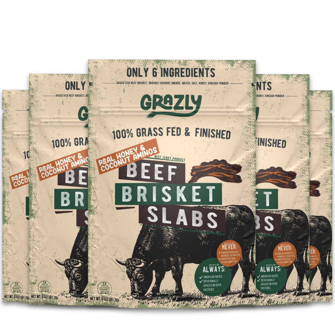 Grazly Beef Brisket Slabs packaging with branding and product details on a white background