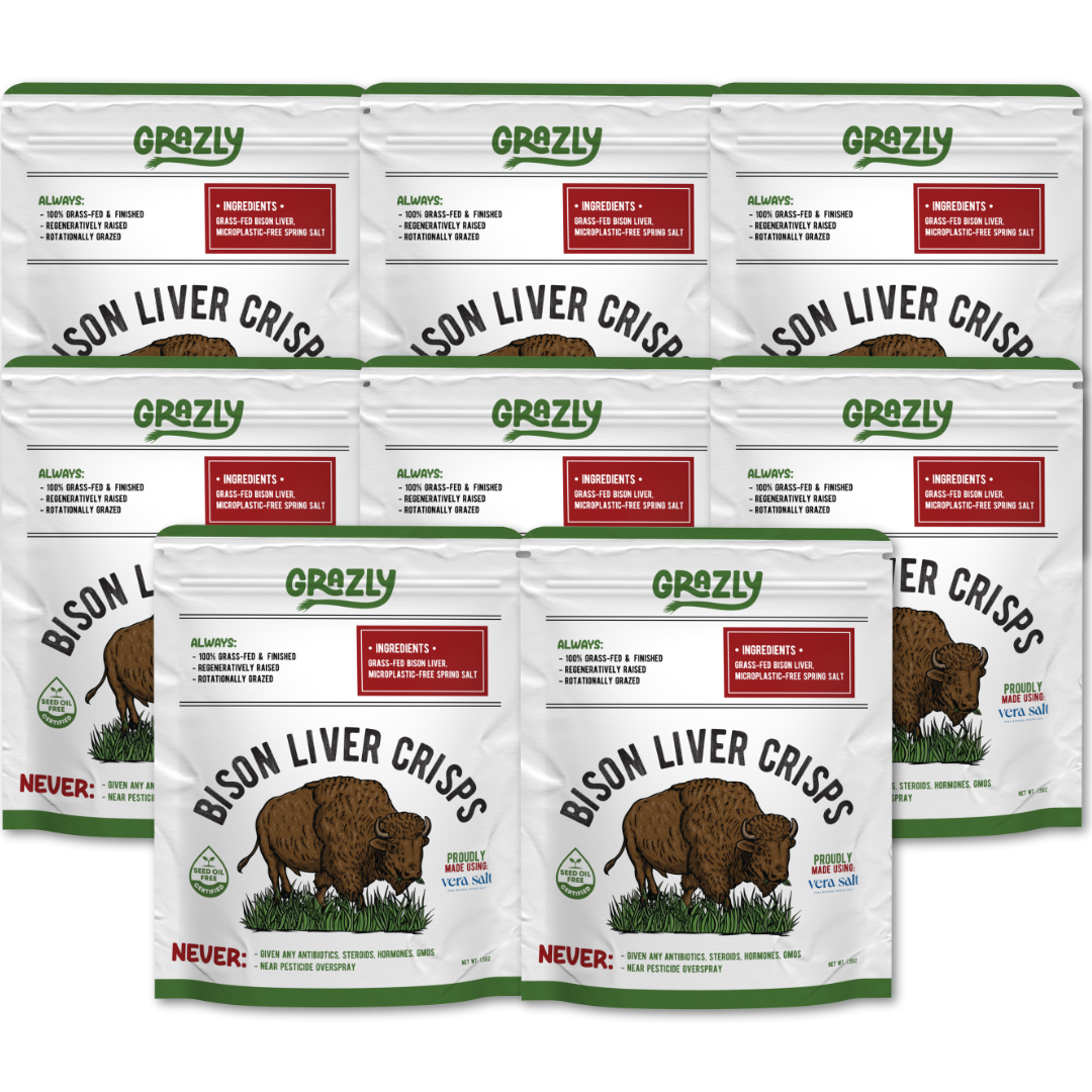 Multiple packages of Grazly Bison Liver Crisps on a white background