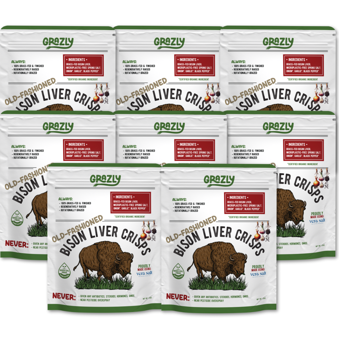 Multiple packages of Grazly Old-Fashioned Bison Liver Crisps on a white background