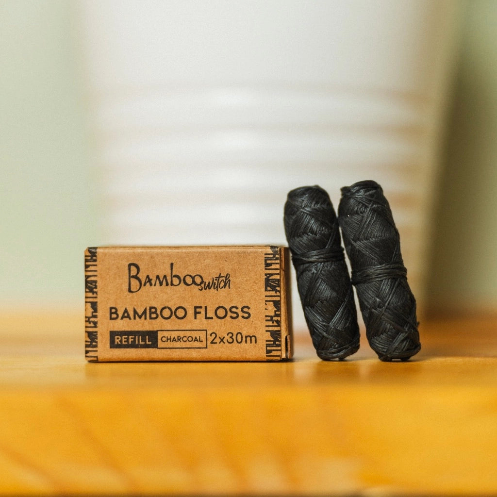 bamboo, bamboo floss, plastic-free, toxin-free, charcoal, floss refill, sustainable packaging, fluoride-free, oral care, holistic dental care