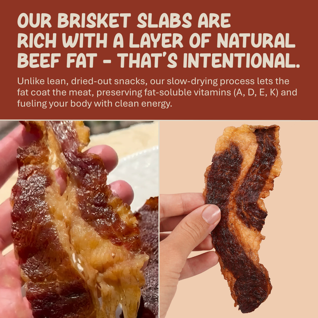 Images show texture, size, and color of brisket slab, held in a hand, with text describing the drying process and nutritional benefits of the snack.