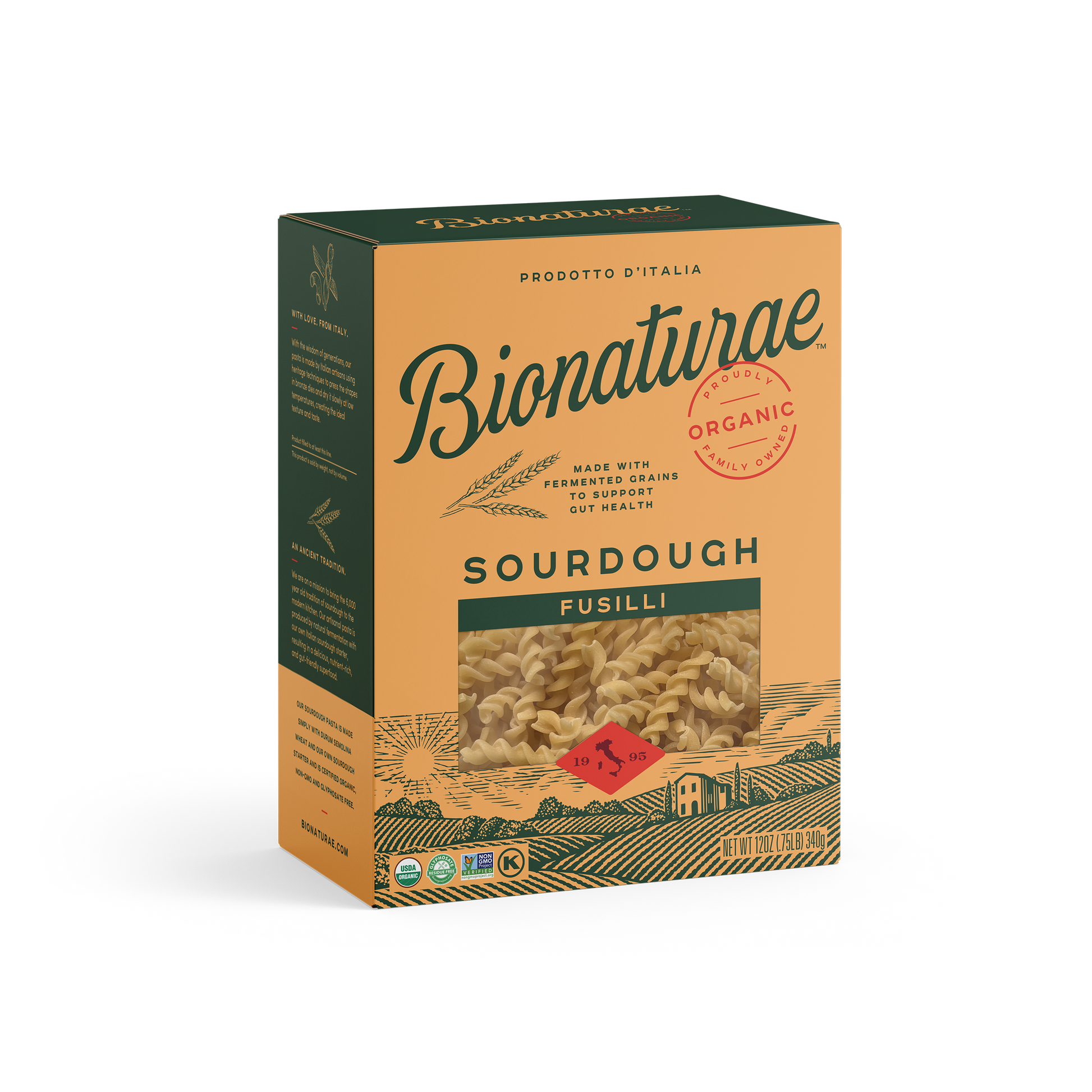 Box of sourdough fusilli pasta with branding, "organic" and "glyphosate-free" labels