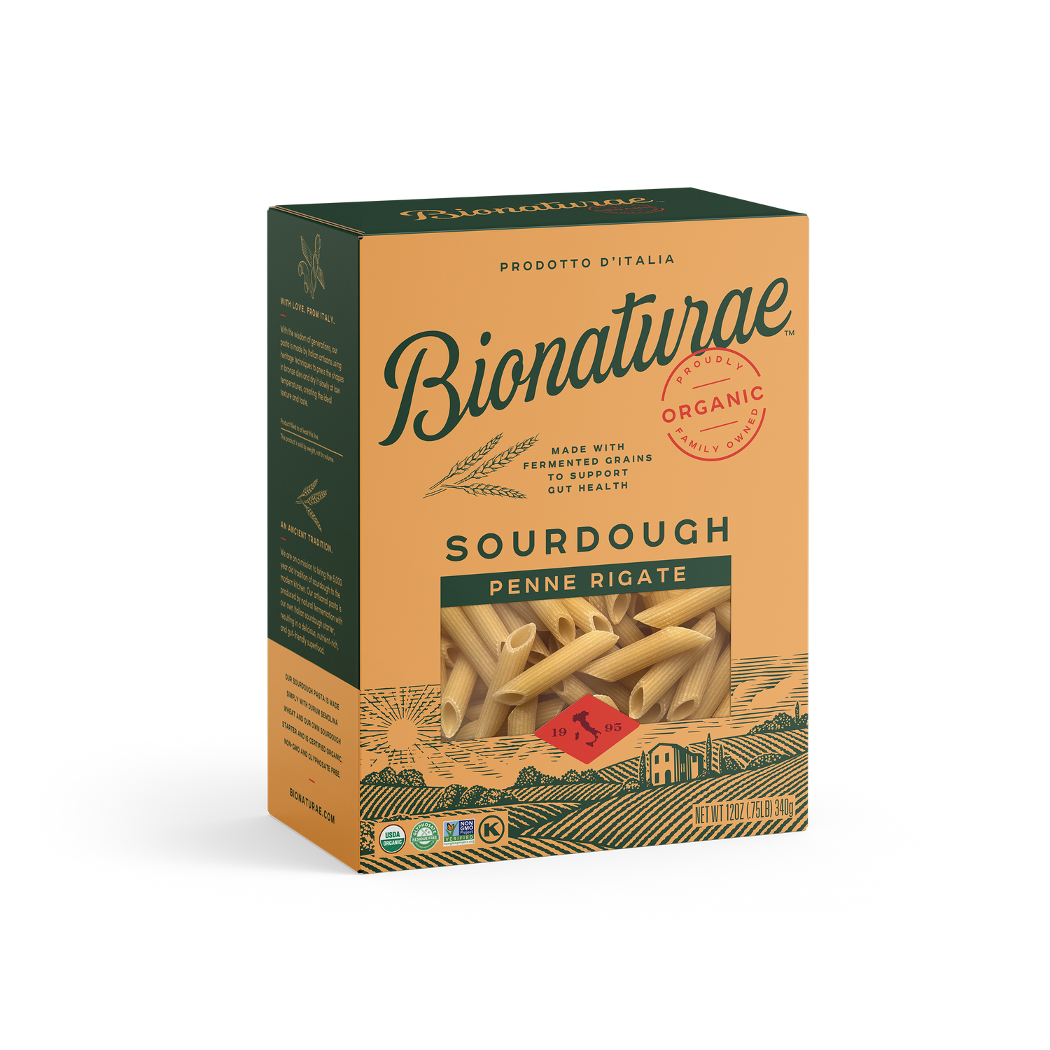 Box of Bionaturae organic sourdough penne rigate pasta on a white background