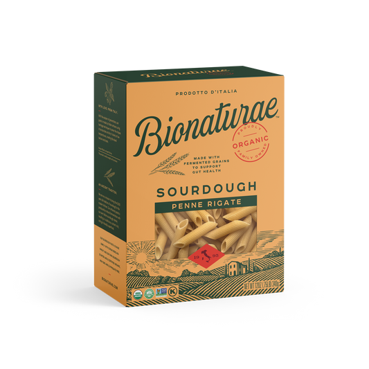 Box of Bionaturae organic sourdough penne rigate pasta on a white background