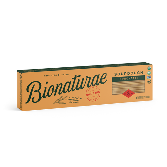 Box of Bionaturae sourdough spaghetti on a white background