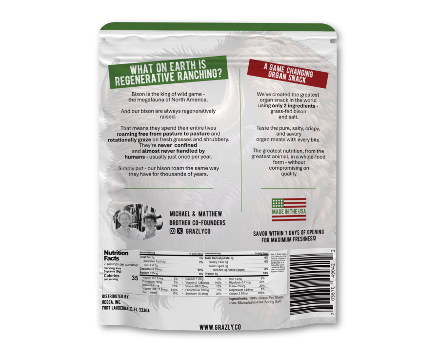 Back of a bison liver snack package with text and branding on a transparent background