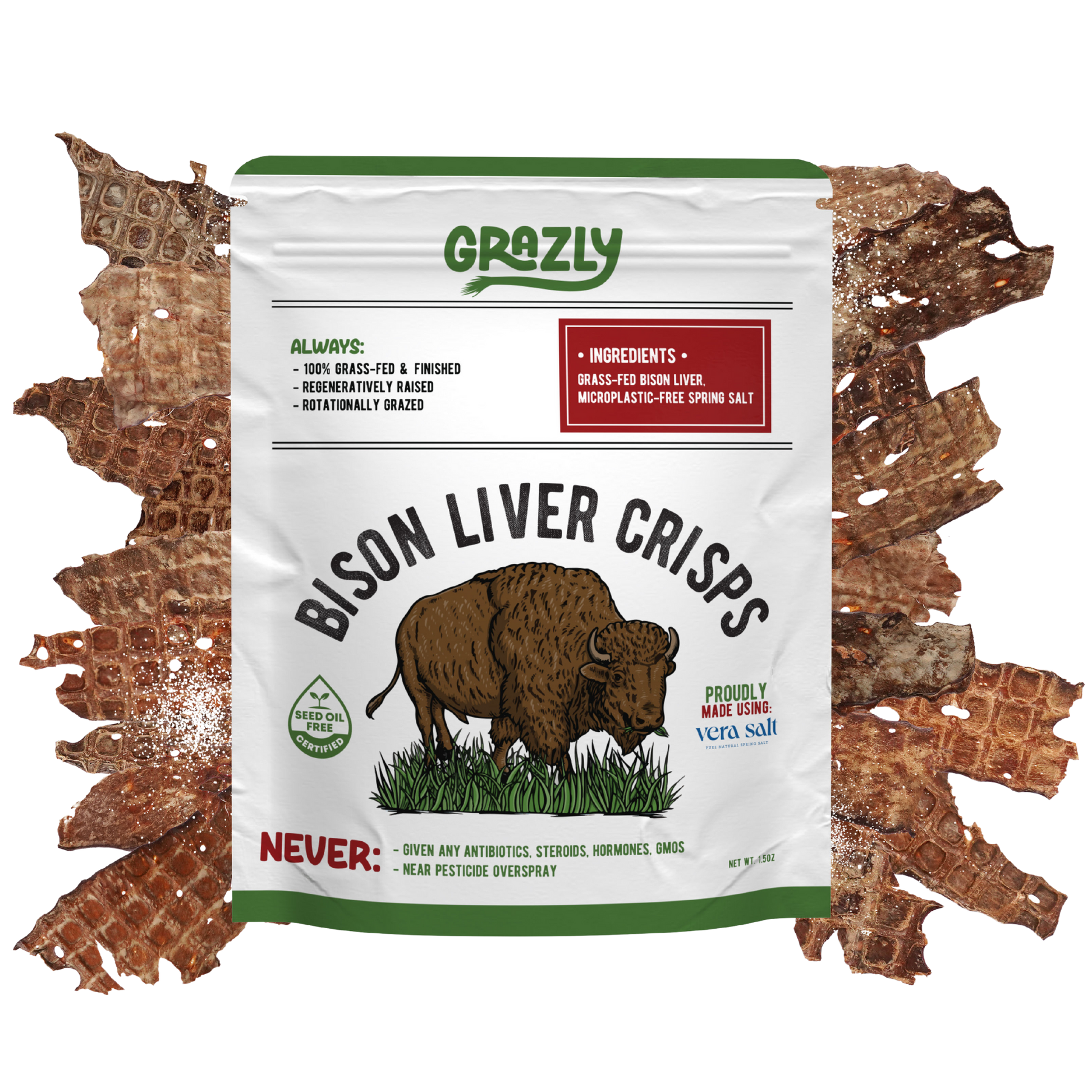 Package of Grazly Bison Liver Crisps with bison illustration and text "100% grass fed and finished" on a stack of crisps