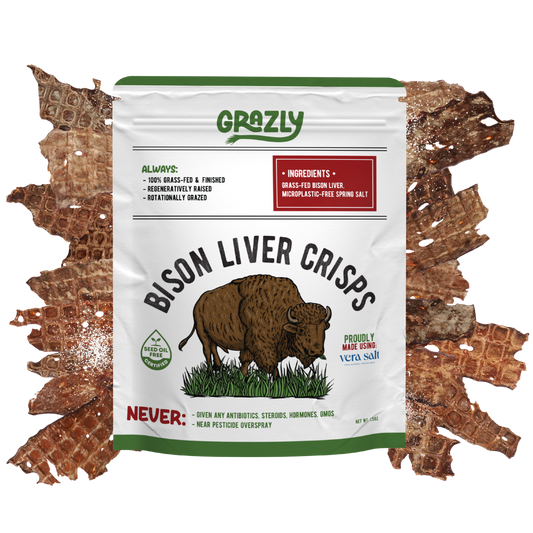 Package of Grazly Bison Liver Crisps with bison illustration and text "100% grass fed and finished" on a stack of crisps