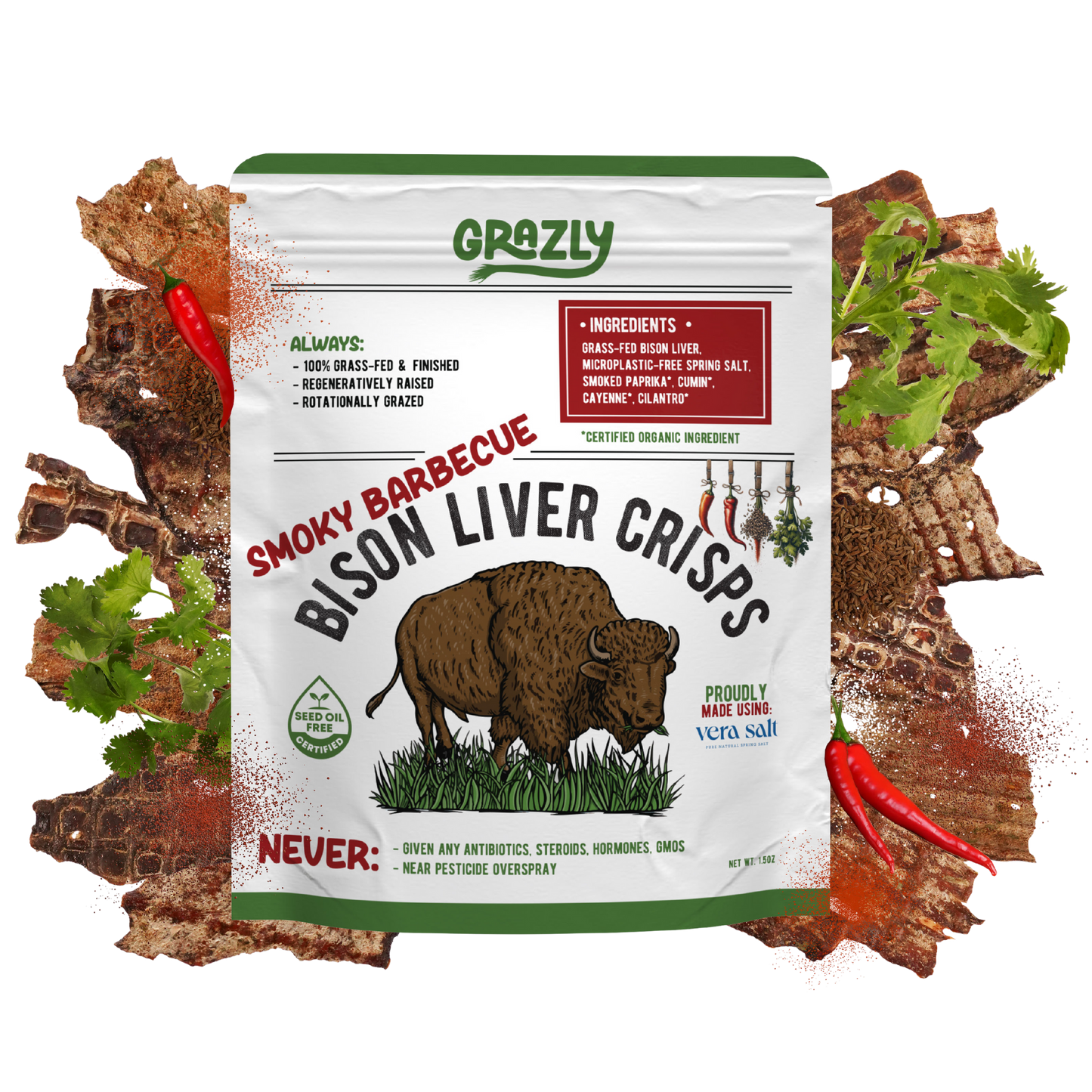 Package of Grazly Smoky Barbecue Bison Liver Crisps with bison and chili pepper graphics on bed of crisps and herbs