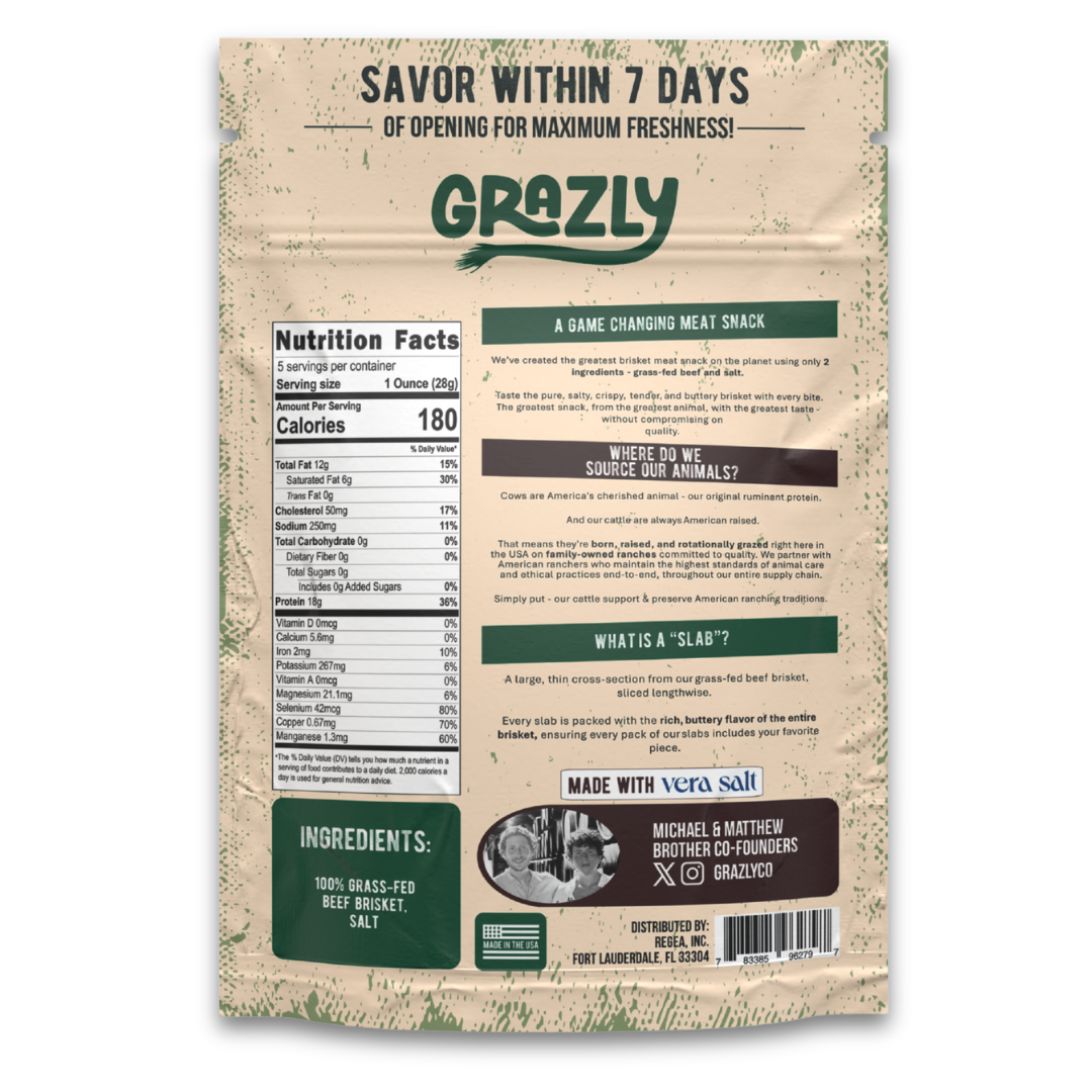 Grazly meat snack package with nutritional information and branding details.