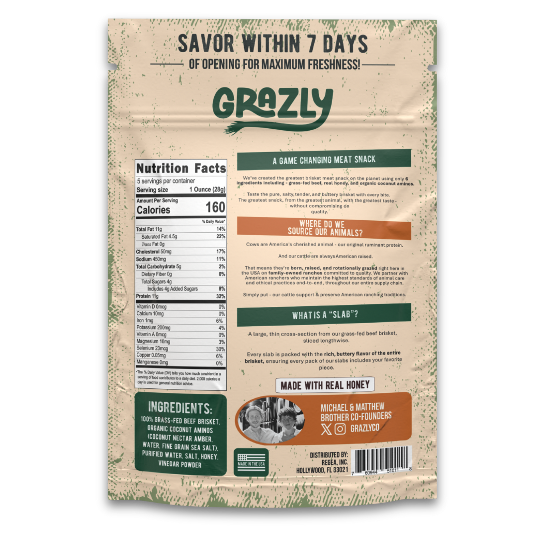 Grazly product packaging with nutritional information and branding details on a beige background