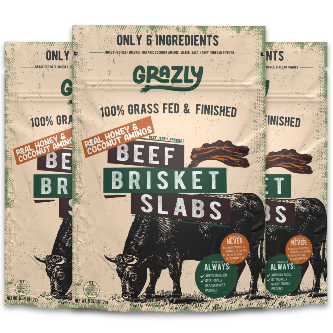 Grazly Beef Brisket Slabs packaging with branding and product details "100% grass fed and finished."