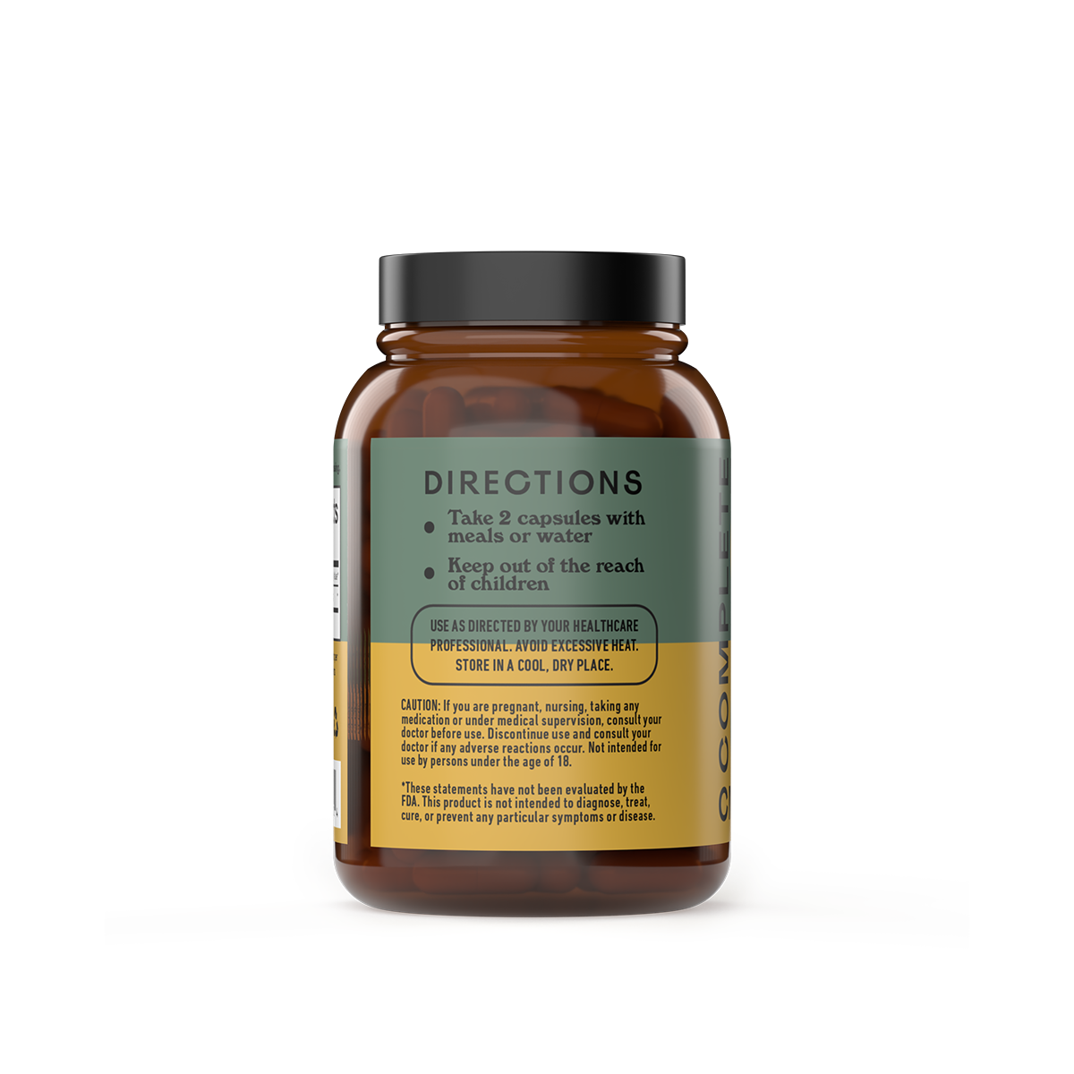 Brown supplement jar with Directions label on a white background