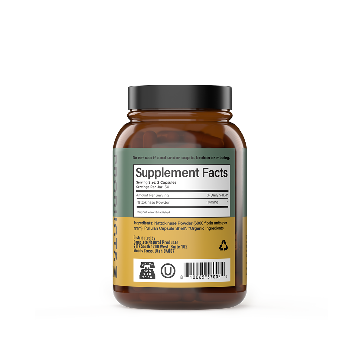 Nattokinase bottle with label showing 'Supplement Facts' on a white background
