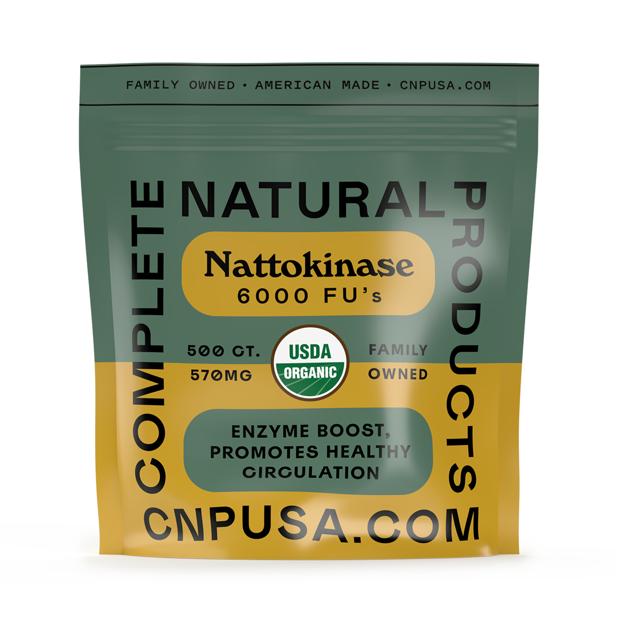 500 count bag of Complete Natural Products Nattokinase with green and yellow design.