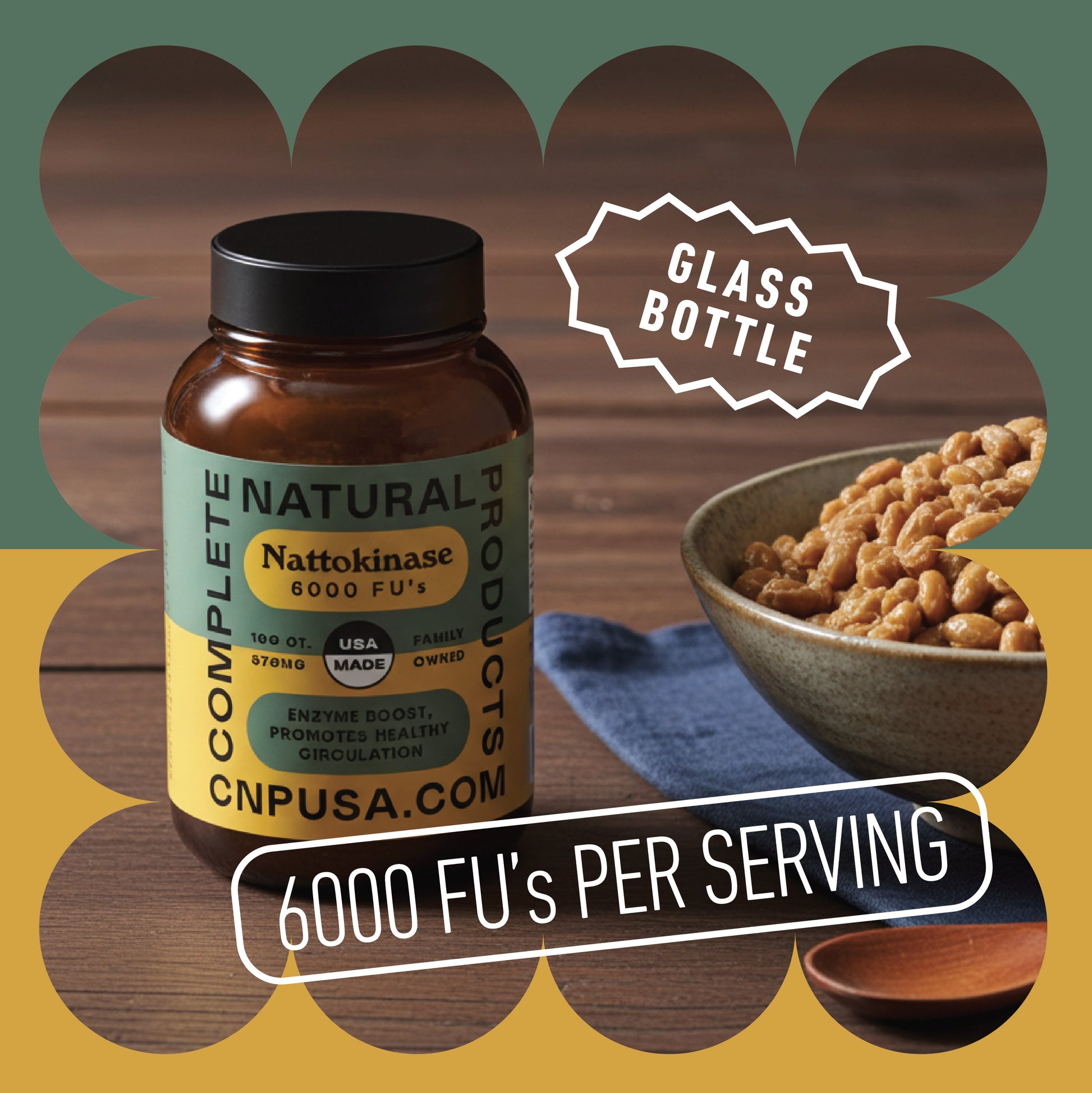 Glass bottle of Nattokinase with a bowl of natto on a wooden surface