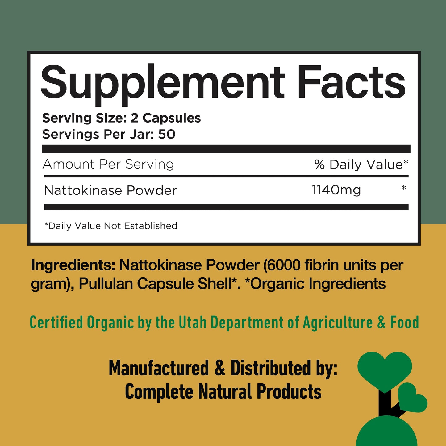 Supplement facts label for Nattokinase Capsules with green and yellow background