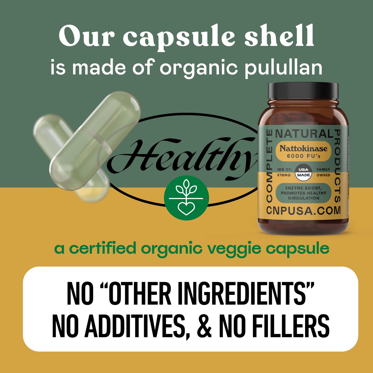 Vitamins bottle with organic capsule shells on a green and yellow background