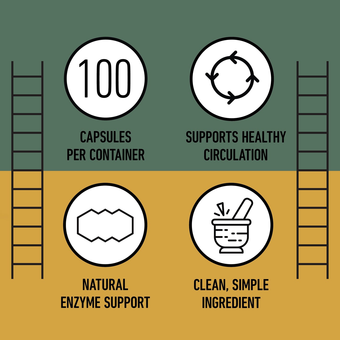 Product features with icons and text on a green and yellow background