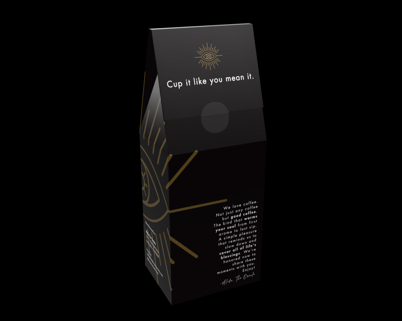 Oracle Coffee, Columbia, Single Origin, Back of Box, coffee packaging, whole bean coffee, coffee motto, company motto, women owned, specialty coffee