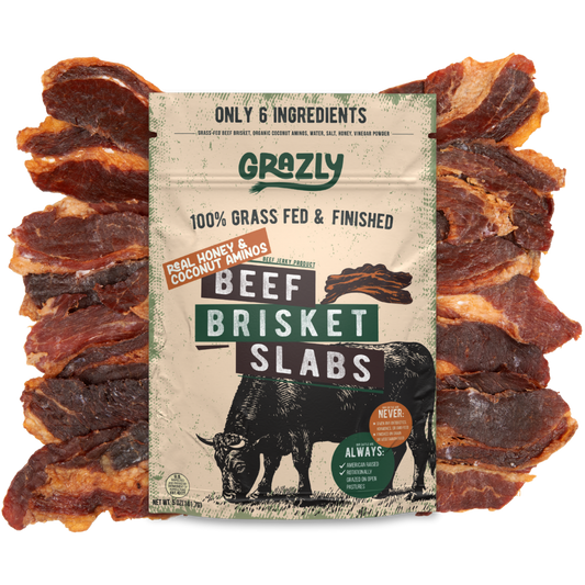 Grazly beef brisket slabs packaging with beef slabs on a white background