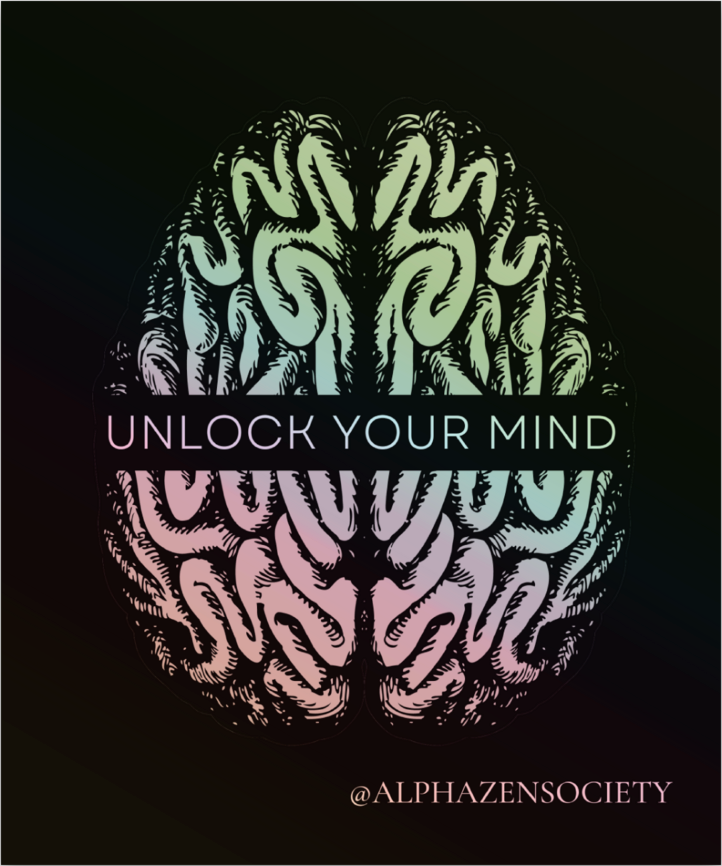 Unlock Your Mind graphic, black sticker, holographic image, Alpha Zen Society, 3" sticker