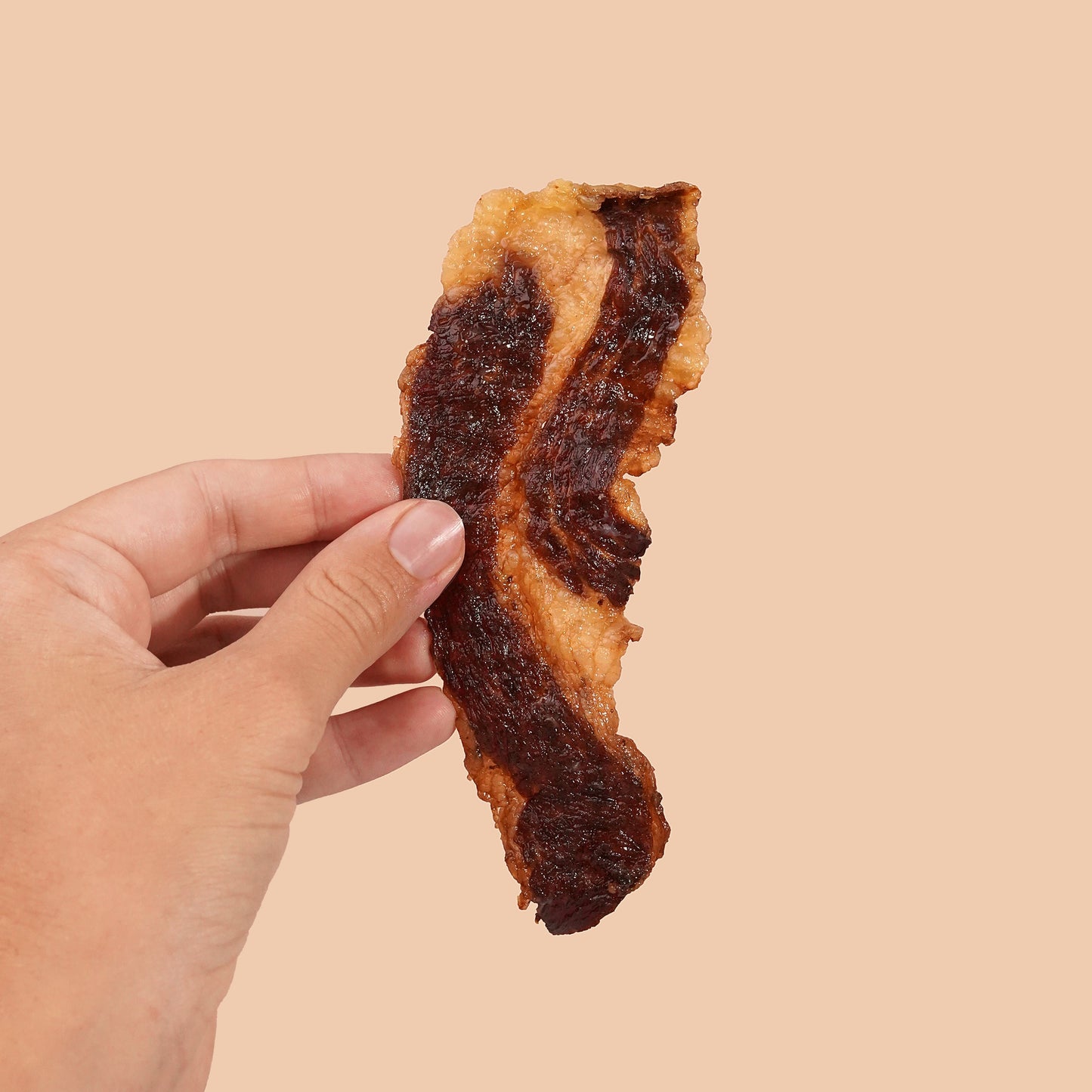 Hand holding a piece of dried brisket against a beige background